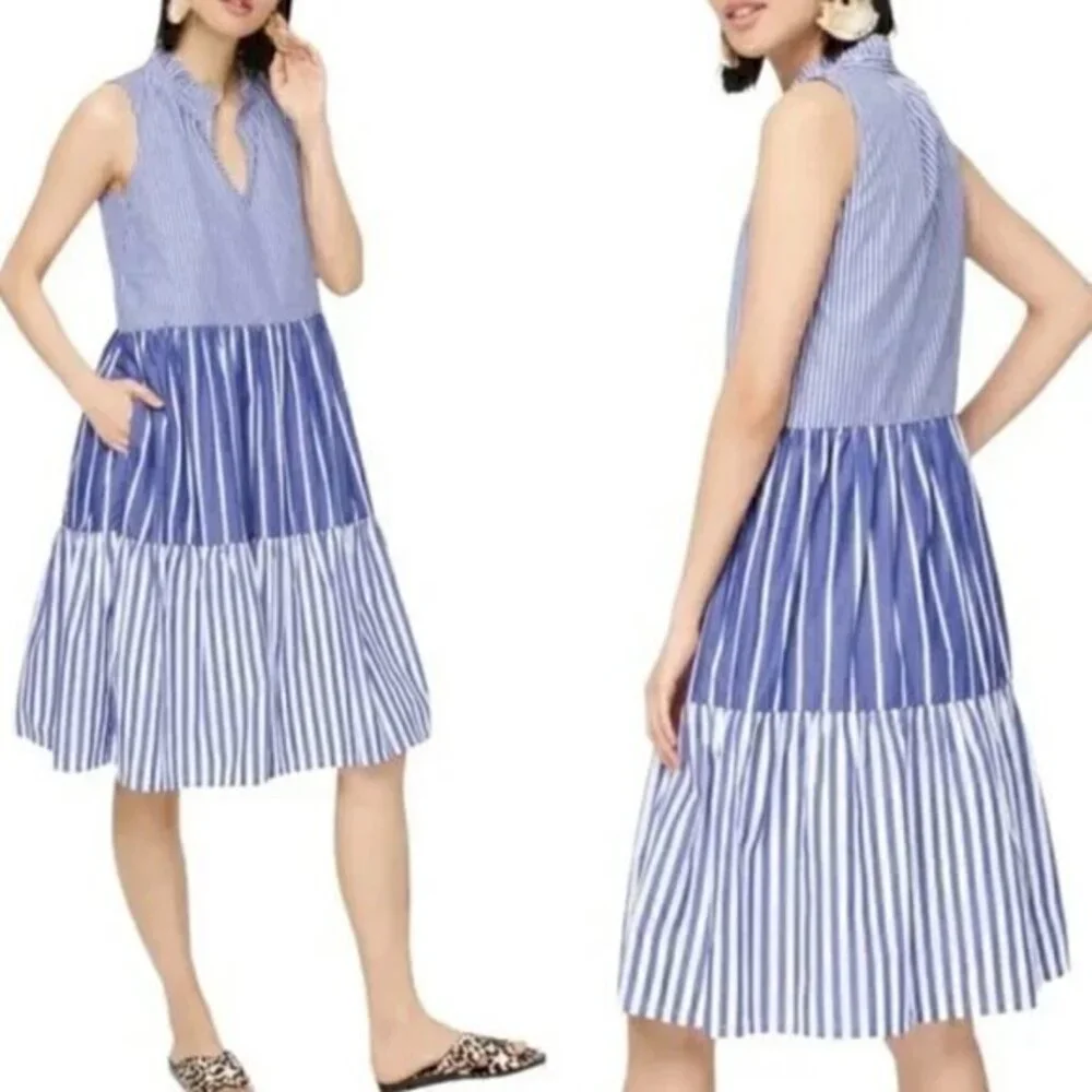 J. Crew Sleeveless Tiered Popover Dress in Mixed Stripe Size XS NWOT